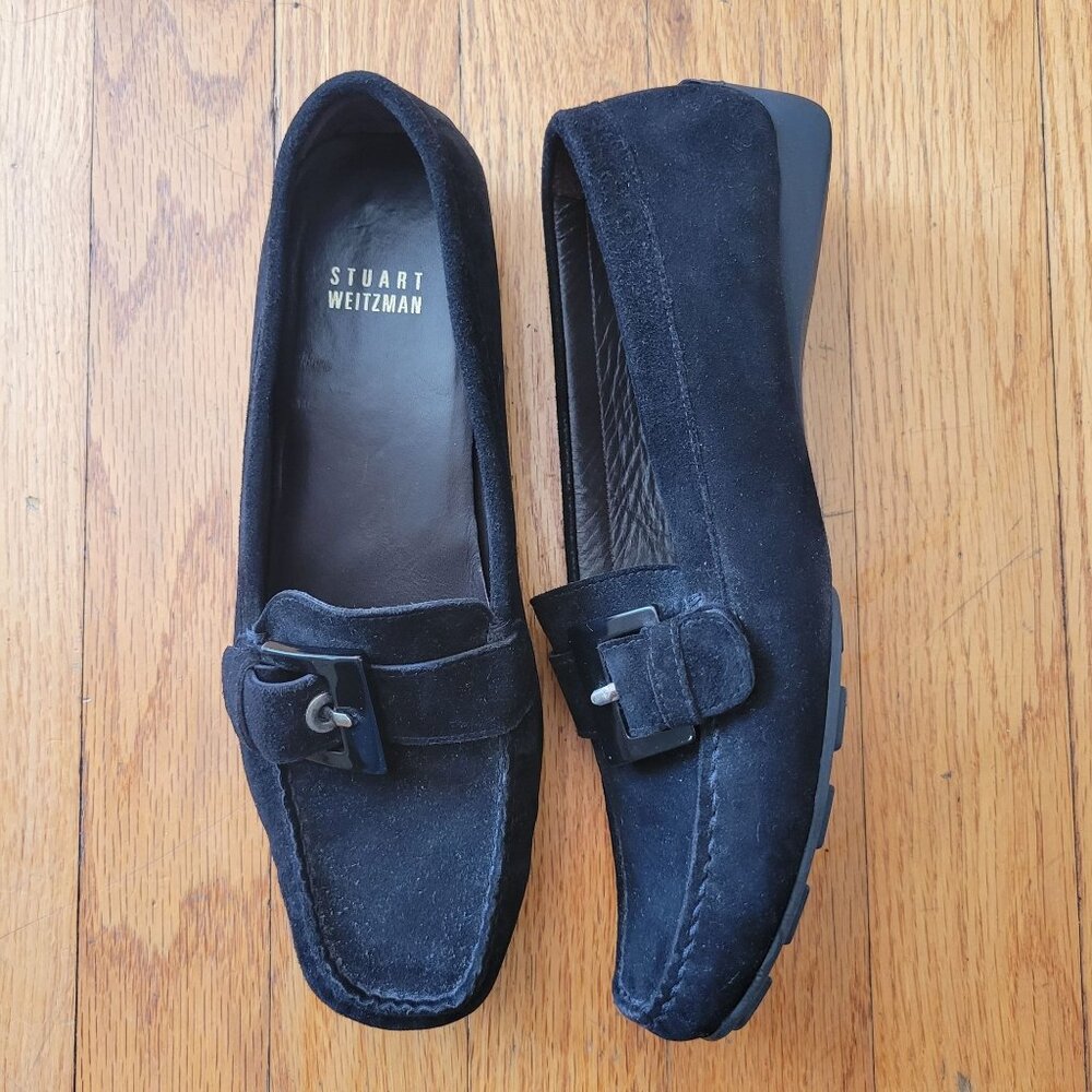 Stuart Weitzman 6.5M Black Suede Leather Square Toe Buckle Accent Flats‎